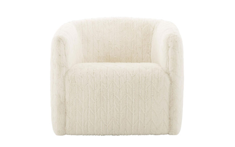 Front shot of the Aline fabric swivel barrel chair by Bernhardt with rounded sides and arms in a soft, white faux fur fabric