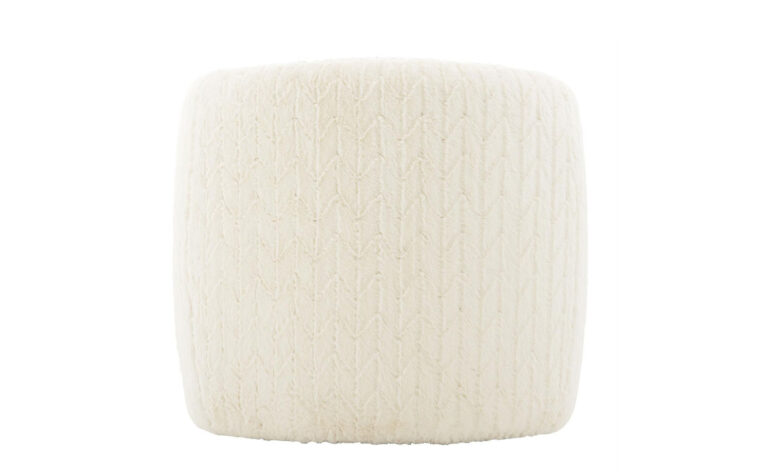 Back of the Aline fabric swivel barrel chair by Bernhardt with rounded sides and arms in a soft, white faux fur fabric
