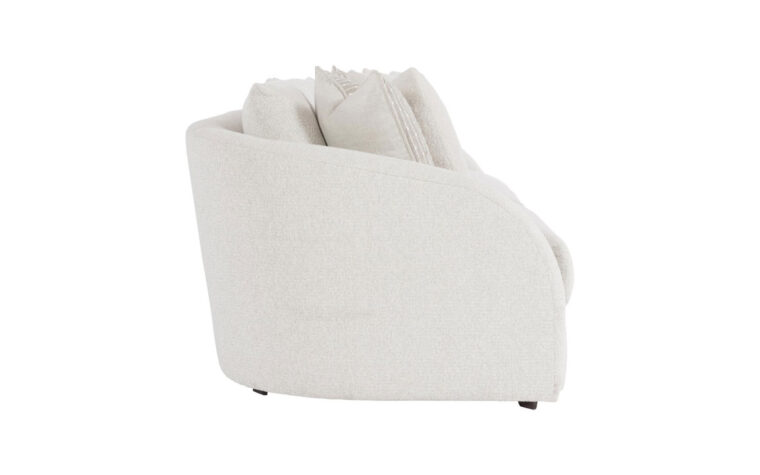 Side view of the modern Terra sofa with curved arms from Bernhardt in a cream fabric with two cream and beige throw pillows on either side