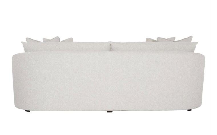 Back of the modern Terra sofa with curved arms from Bernhardt in a cream fabric with two cream and beige throw pillows on either side
