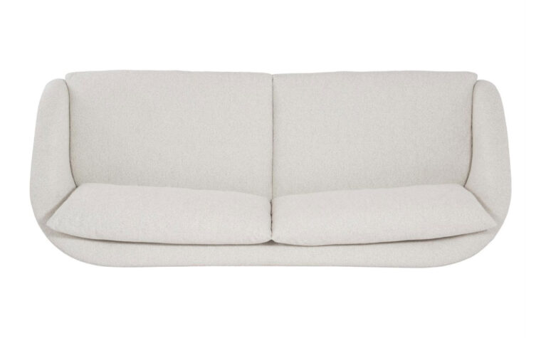 Top down view of the modern Terra sofa with curved arms from Bernhardt in a cream fabric
