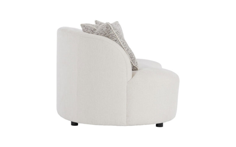 Side view of the Elle modern curved sofa from Bernhardt in a cream boucle fabric with three throw pillows and dark wood feet