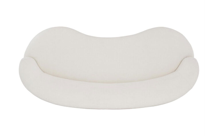 Top view of the kidney-shaped Elle modern curved sofa from Bernhardt in a cream boucle fabric