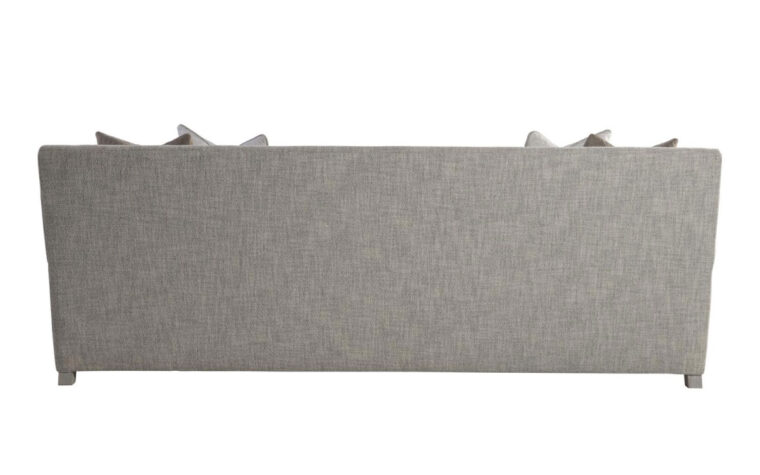 Back of the Rollins transitional sofa by Bernhardt with low-profile arms in gray fabric