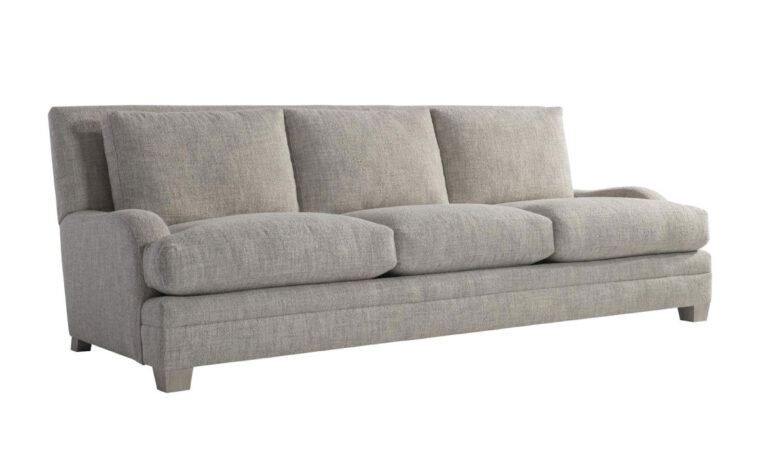 Angled view of the Rollins transitional sofa by Bernhardt with low-profile arms in gray fabric