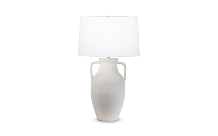 The classic Delilah Tapered Table Lamp with textured white ceramic base and off white cotton lamp shade