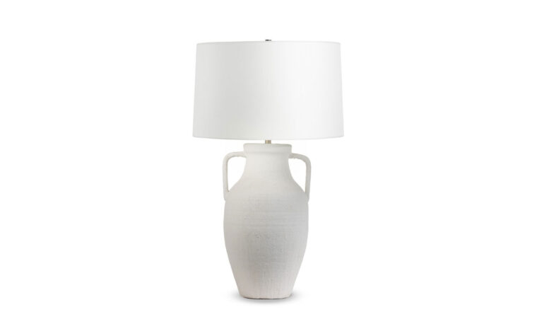 The Delilah Tapered Table Lamp with textured white ceramic base and off white linen lamp shade