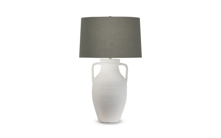 The Delilah Tapered Table Lamp with textured white ceramic base and taupe cotton lamp shade