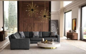 Brentwood leather sectional sofa styled in mid-century-modern living room