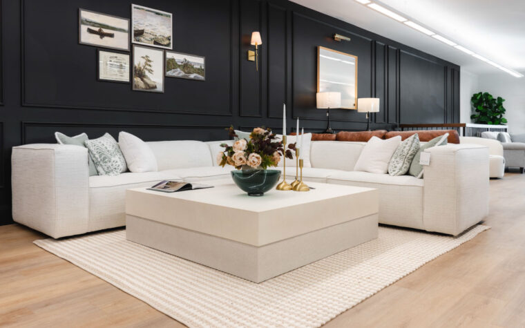 Ellison Large Square Cocktail Table by Bernhardt in a living room setting in Chervin Furniture & Design's Elmira Showroom