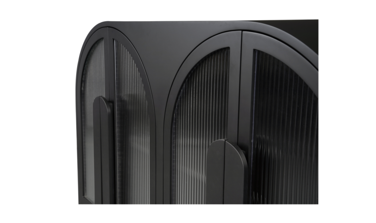 Detail of the reeded glass arched doors of the Salone Black Sideboard by Moe's Home Collection