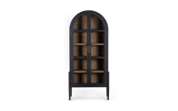 A black arched bookcase with drifted oak interiors by Four Hands.