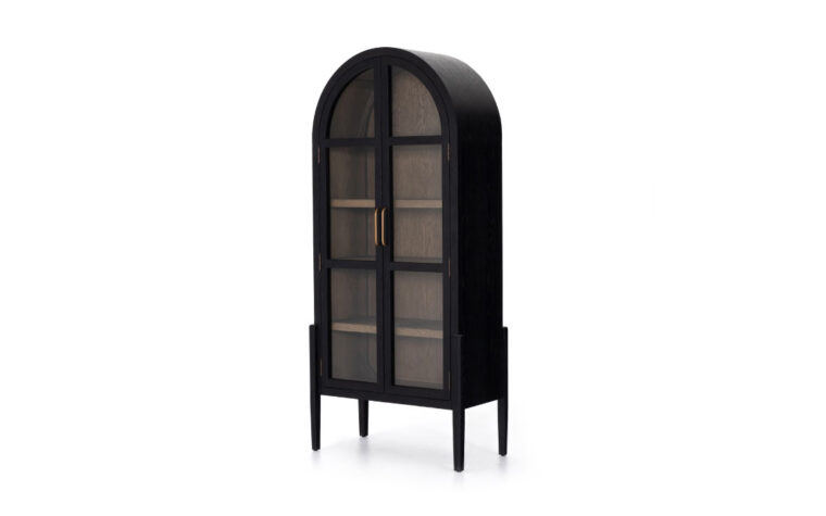 A side view of a black arched bookcase with drifted oak interiors by Four Hands.