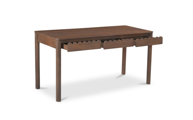 The Wiley wood desk in antique brown from Moe's Home Collection shown with three top drawers open.