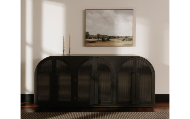 a room with the Salone Black Sideboard with reeded glass doors by Moe's Home Collection