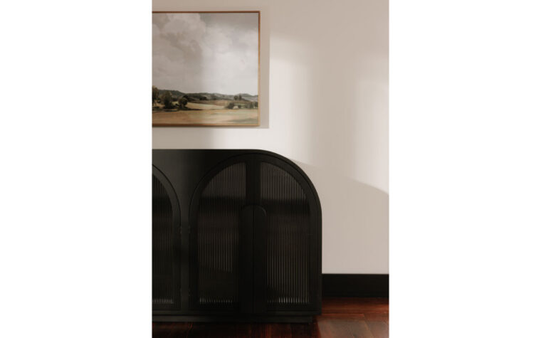 A room with the Salone Black Sideboard detail of reeded glass doors by Moe's Home Collection