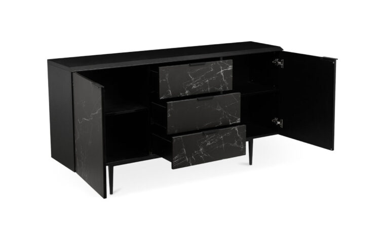A modern sideboard with black and white ceramic cladding by Moe's Home Furniture with all drawers and doors open.