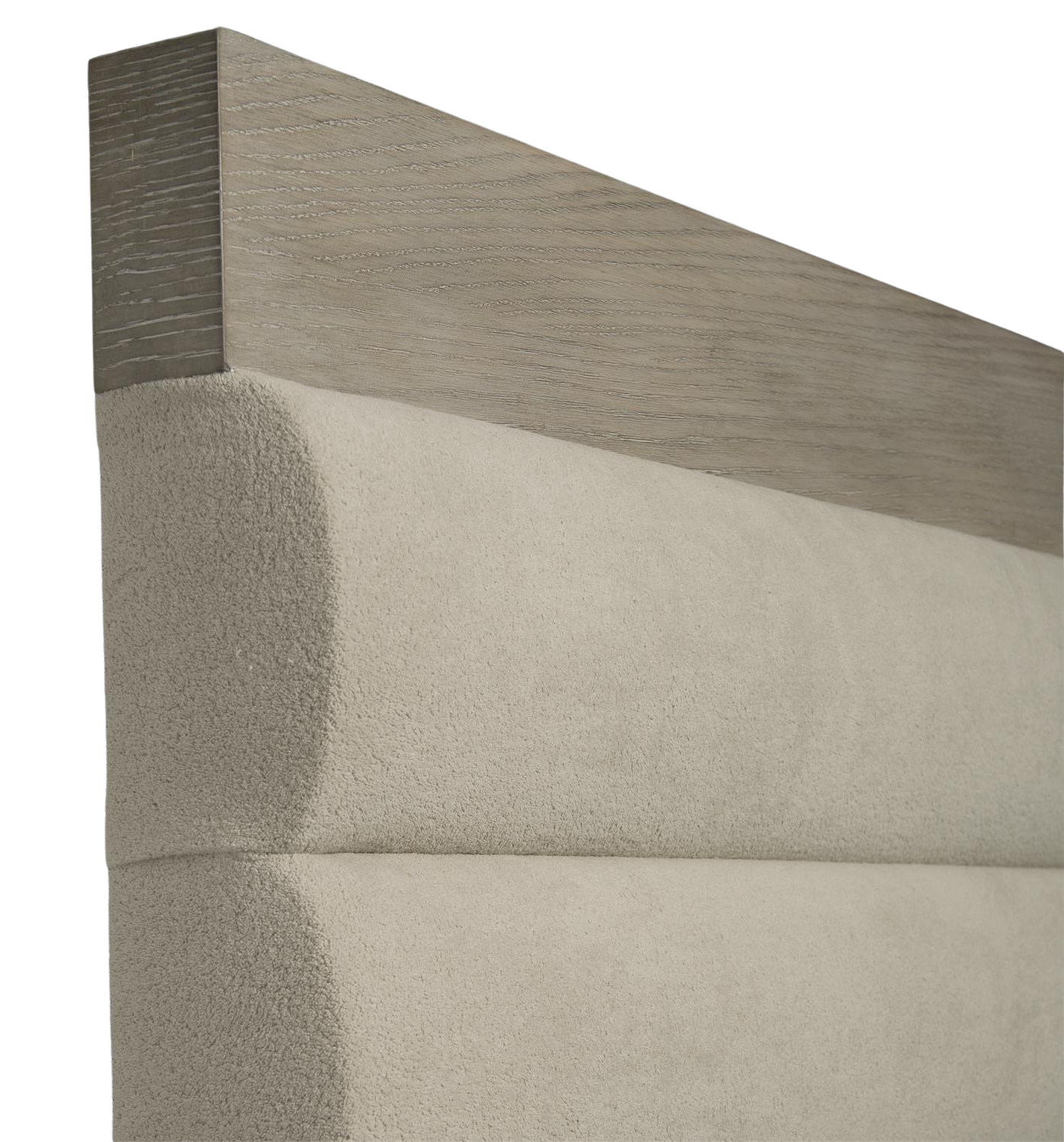 A detail shot of the horizontal upholstered channel and wood finish of the Linea Upholstered panel bed by Bernhardt.