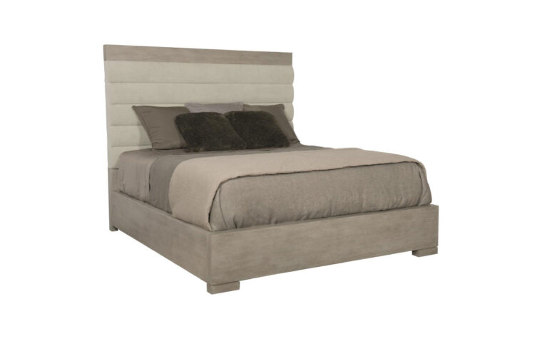 A angled side view of the Linea Upholstered Panel Bed queen by Bernhardt.