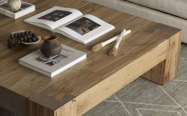 Details of the Abaso Rustic Coffee Table by Four Hands in Rustic Wormwood Oak.