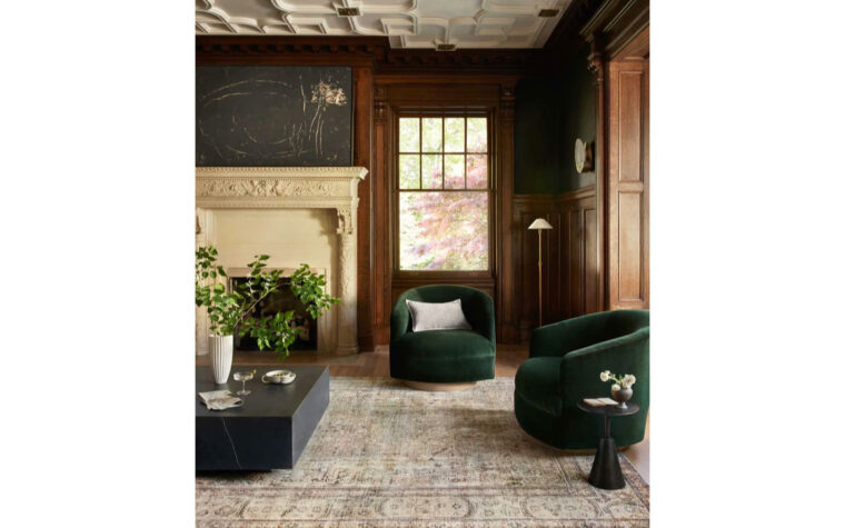 MAT-01 Antique /Sage area rug by Loloi Rugs styled in living room.
