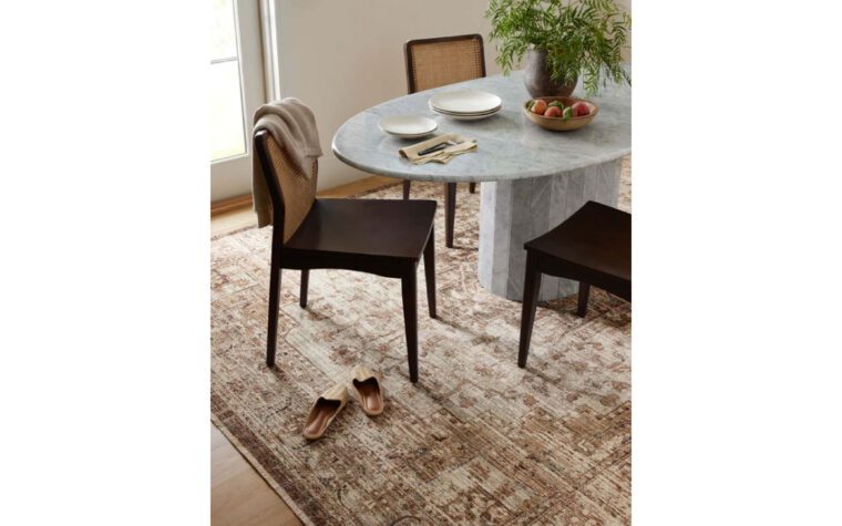 SOR-03 Mocha/Multi area rug by Loloi Rugs styled in a modern dining space.