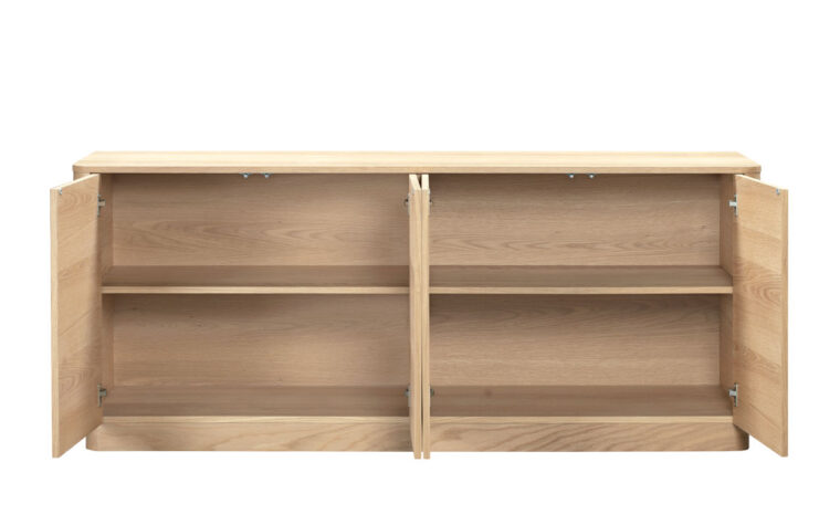 The Round Off Oak Sideboard with the doors open by Moe's Home Furniture.