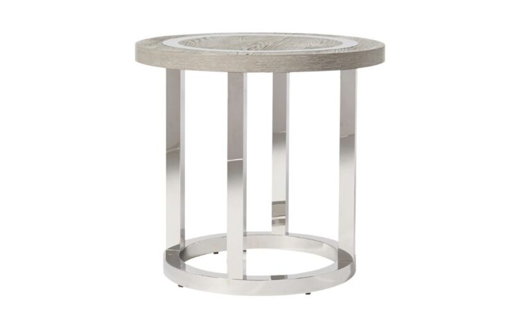 End table with wooden top and stainless steel accents.