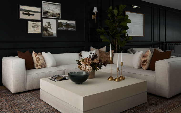 a white sectional against a black paneled wall in our elmira furniture showroom