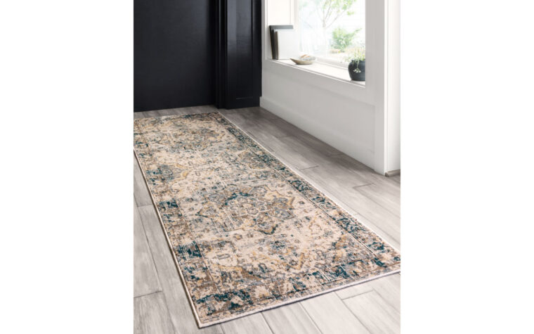 ISA-02 Oatmeal/Bark, vintage rugs styled in room.