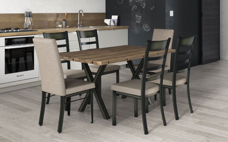 Modern industrial dining table styled in modern kitchen, the Alexis by Amisco.