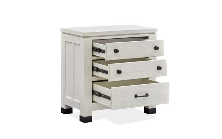 Harper Springs Farmhouse White Night Stand by Magnussen with three drawers open.