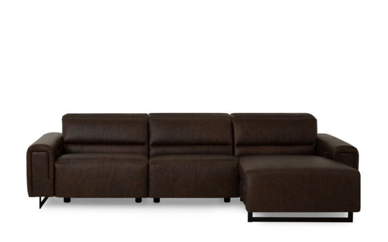 The Armina reclining sectional sofa from Palliser in dark brown leather.