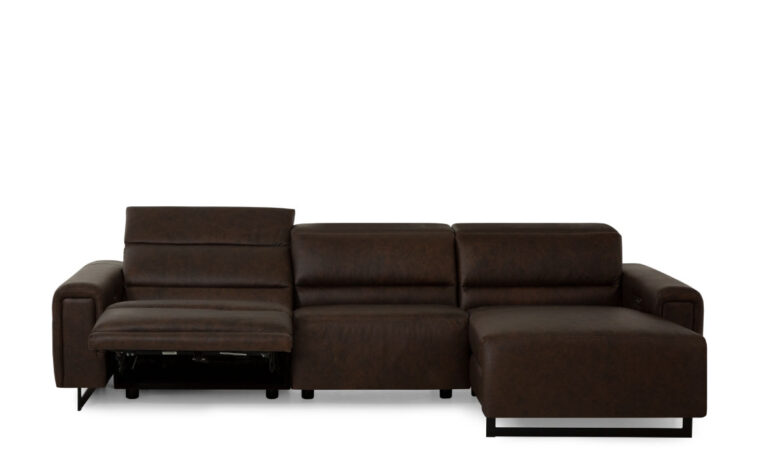 The Armina reclining sectional sofa from Palliser in dark brown leather with one seat reclined.