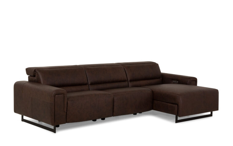 Side angle of the Armina reclining sectional sofa from Palliser in dark brown leather.