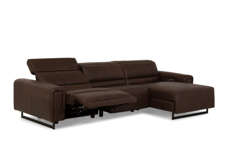 Left side seat in reclined position of the Armina reclining sectional sofa from Palliser in dark brown leather.