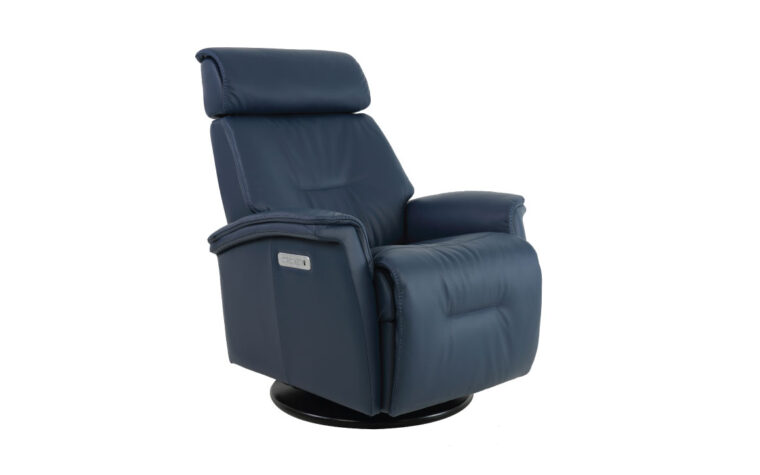 Rome modern recliner armchair from Fjords in blue leather.