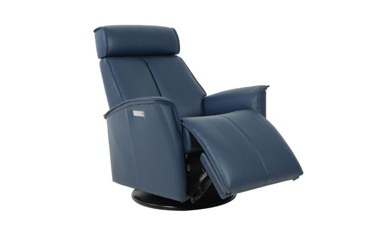 Venice swivel glider recliner from Fjords partially reclined in blue leather