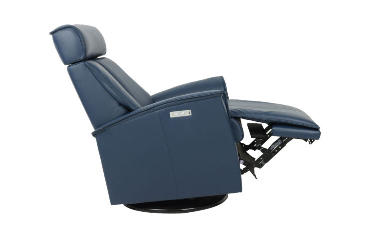 Venice swivel glider recliner from Fjords reclined in blue leather