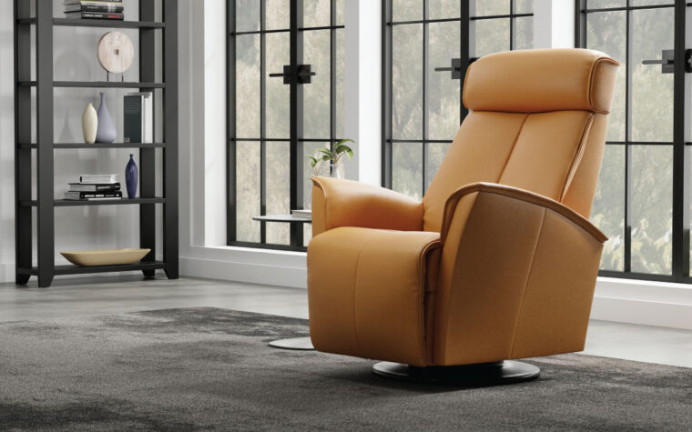 Venice swivel glider recliner from Fjords in SL Cigar leather