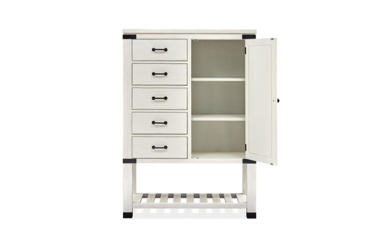 The Harper Springs door chest made from solid pine with right door open showing off 2 shelves.