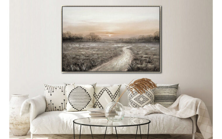Golden Horizon Lane wall art by Streamline Art Canada hung on white wall.