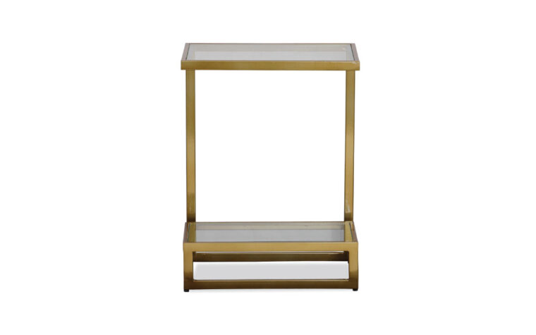 Front view of the musing glass side table with shelf by Uttermost.