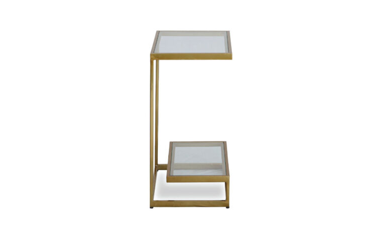 Side view of the musing glass side table with shelf by Uttermost.