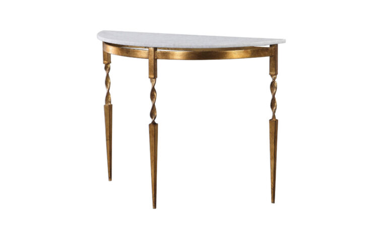 The Imelda curved marble console table with a marble top and iron base in an antique gold finish.