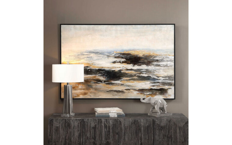 Aftermath hand painted abstract wall art by Uttermost hung up on grey wall above console table.