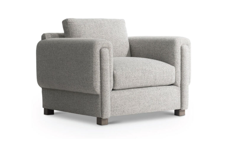 Angled view of the tori fabric chair by Bernhardt.