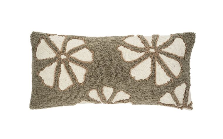 Green pillow with white flowers on it called Serenade by Indaba.