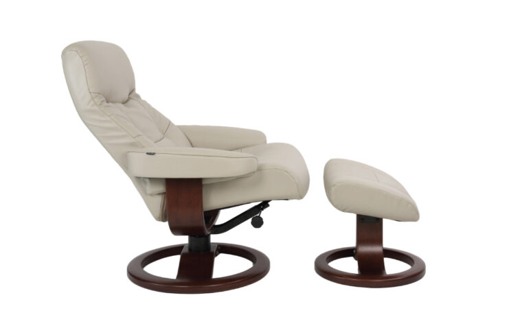 The fjords muldal recliner chair with foot stool in a reclined position