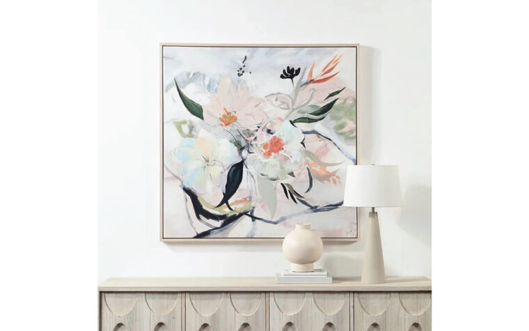 Hand painted minimalist flower art hanging on white wall
